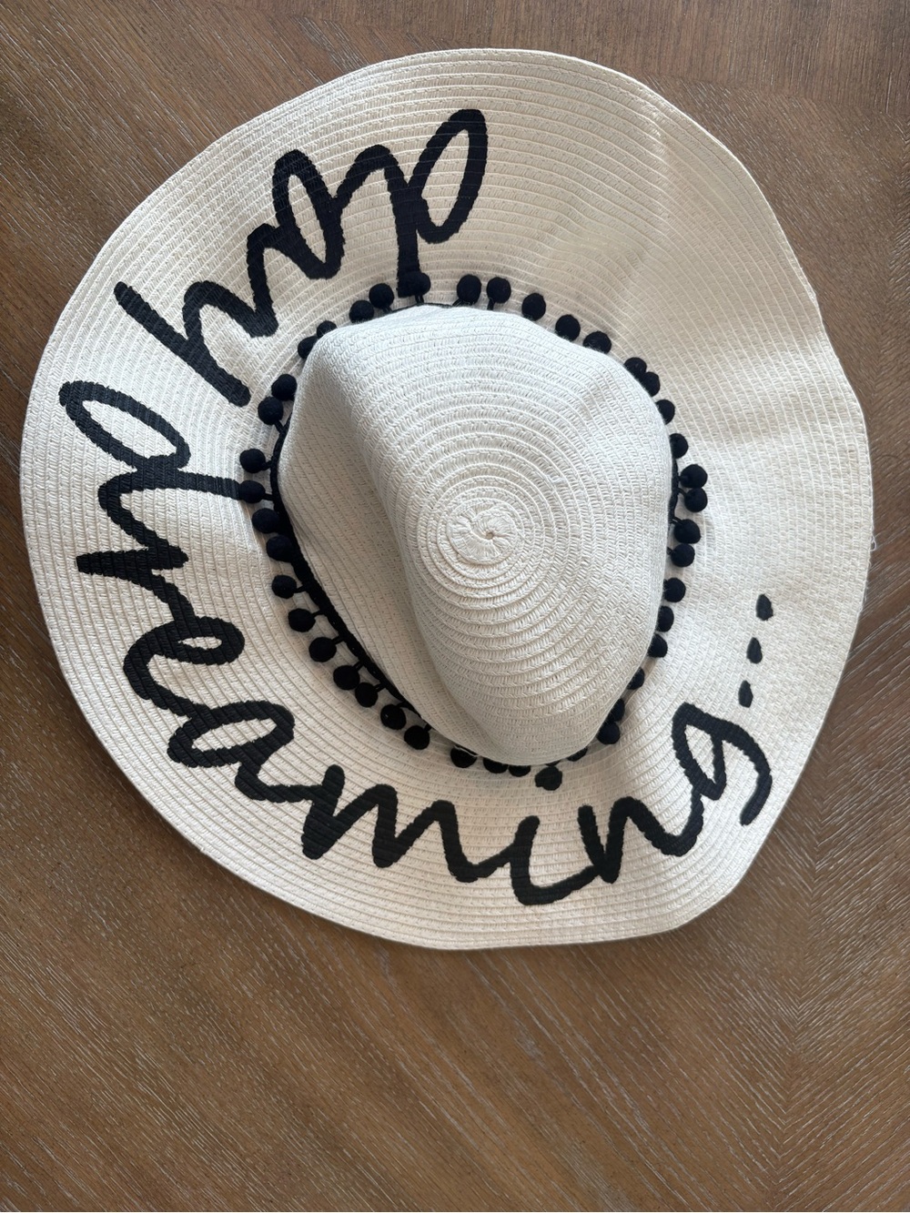 Source Unknown White Straw Sun Hat with Black Script and Pom Trim